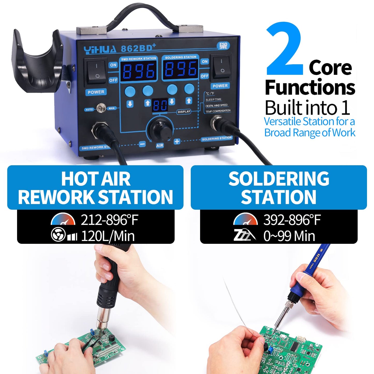 YIHUA 862BD+ SMD ESD Safe 2 in 1 Soldering Iron Hot Air Rework Station °F /°C with Multiple Functions