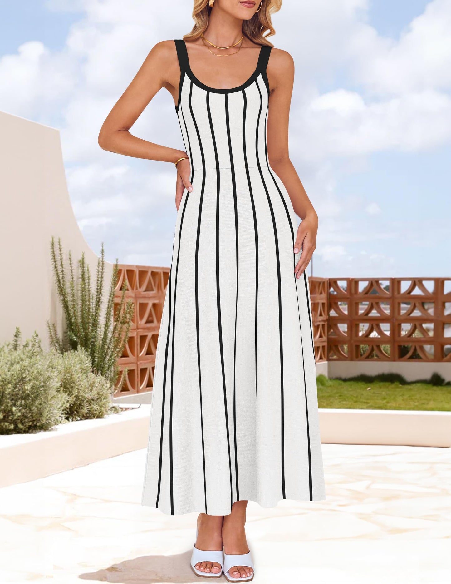 ZESICA Womens 2025 Summer Sleeveless Striped Midi Dresses Casual A Line Swing Knit Long Dress Beach Vacation Clothes,White,Small