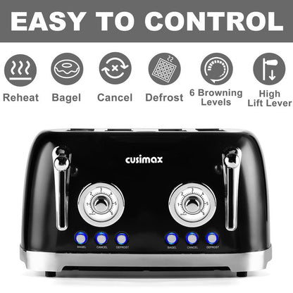 CUSIMAX Toaster 4 Slice, Retro Toaster with Wide Slots for Bagels, Stainless Steel with 6 Toast Settings, Bagel, Cancel, Defrost & Reheat Functions, Dual Independent Control Panels, Black