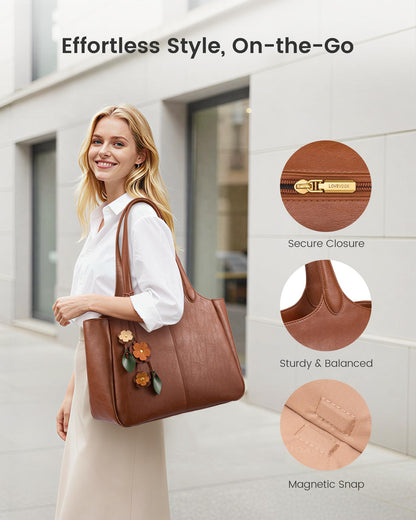 LOVEVOOK Tote Bag for Women, Leather Vintage Work Bag with 40oz Cup Holder,Nurse Teacher Shoulder Bag,Roomy,6 Pockets