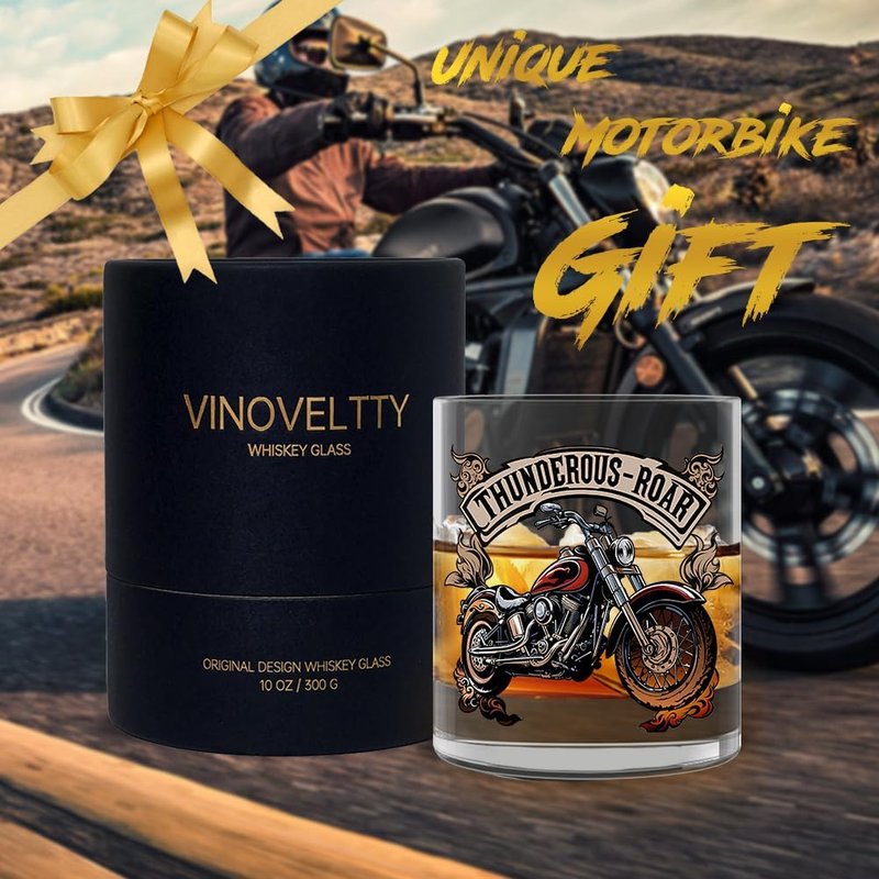 Vinoveltty Motorcycle Whiskey Glass, Motorbike Birthday Gifts for Men Dad Biker, Fathers Day Christmas Gift for Dad Brother Husband, Whiskey Tumbler(300 ML)