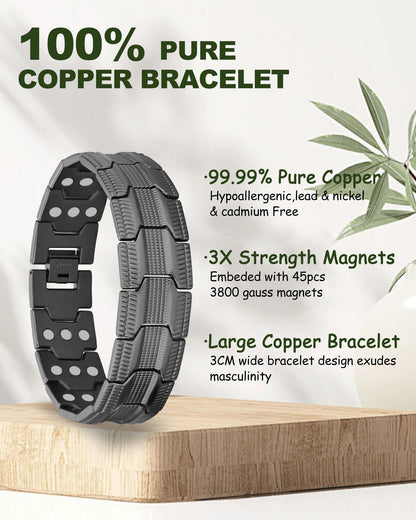 MagEnergy Copper Magnetic Bracelet for Men, 3X Strength 3800 Gauss Magnets, 99.99% Copper Bracelet with Copper Ring, Adjustable Length with Sizing Tool