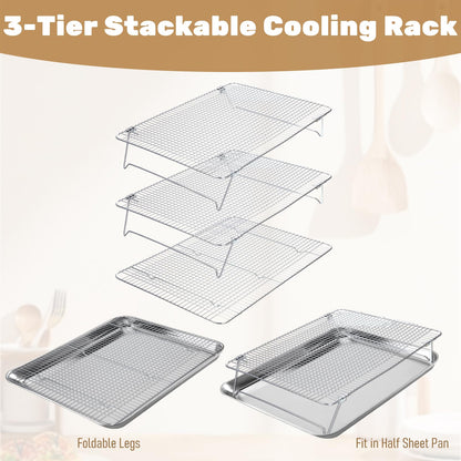 Stainless Steel Stackable Cooling Rack for Baking, 3-Tier Cooling Rack Set, Stackable Heavy Duty Stainless Steel Wire Racks, for Baking Cooking Grilling, Oven & Dishwasher Safe, 12”x 16.5”, Silver