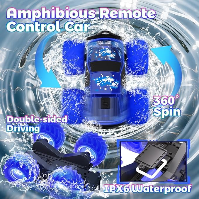 Amphibious Monster Truck Toy Waterproof Remote Control Car 4WD Off-Road RC Truck with Colorful Light RC Stunt Car Toy for 4-7 8-12 Year Boy Birthday Gift Present
