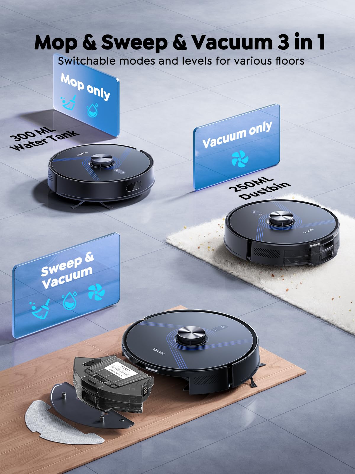 Vyzzle Robot Vacuum and Mop, 8000Pa Self Emptying Robot Vacuum with LiDAR Navigation & Smart Mapping, Robotic Vacuum Cleaner for Pet Hair, Carpet & Hard Floors, 180Min Runtime, App/Alexa Control, E20