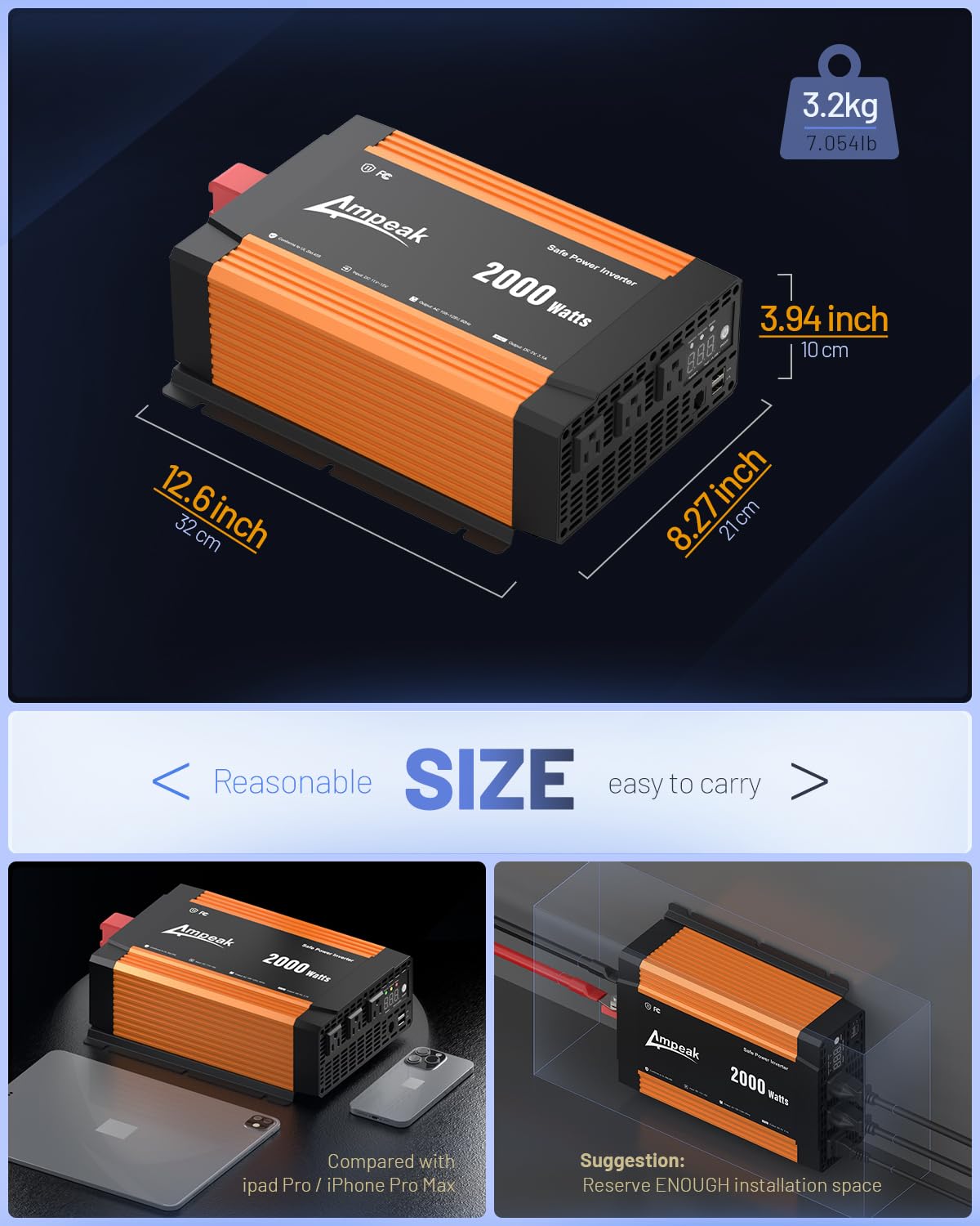 Ampeak 2000W Inverter, Car Power Inverter 12V to 120V, 89.37% High Efficiency Modified Sine Wave Inverter, 3 AC Outlets Dual USB 5V 3.1A, Surge 4000W Remote Controller for Vehicles, Truck, RV, Home