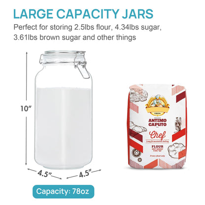 Vtopmart 78oz Glass Food Storage Jars with Airtight Clamp Lids, 3 Pack Large Kitchen Canisters for Flour, Cereal, Coffee, Pasta and Canning, Square Mason Jar with 8 Chalkboard Labels