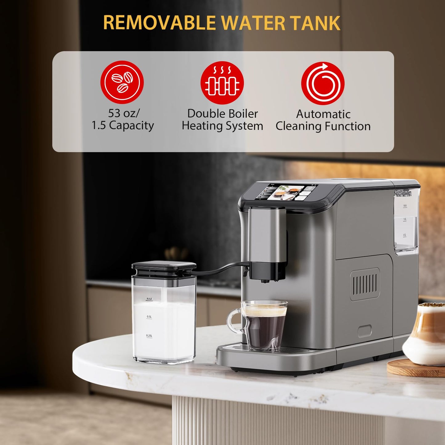 Automatic Espresso Machine with 20 Bar Pressure – One-Touch Coffee Maker, Built-in Grinder & Milk Frother, 6 Custom Recipes, 1.5L Water Tank, Auto Self-Cleaning, 120V for Home & Office (Grey)