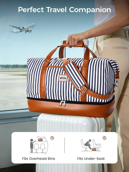 Lekebobor Weekender Bag for Women, Large Holdall Travel Duffle / Overnight Bag with Shoes Compartment & Toiletry Bag, 50L (Blue Striped)