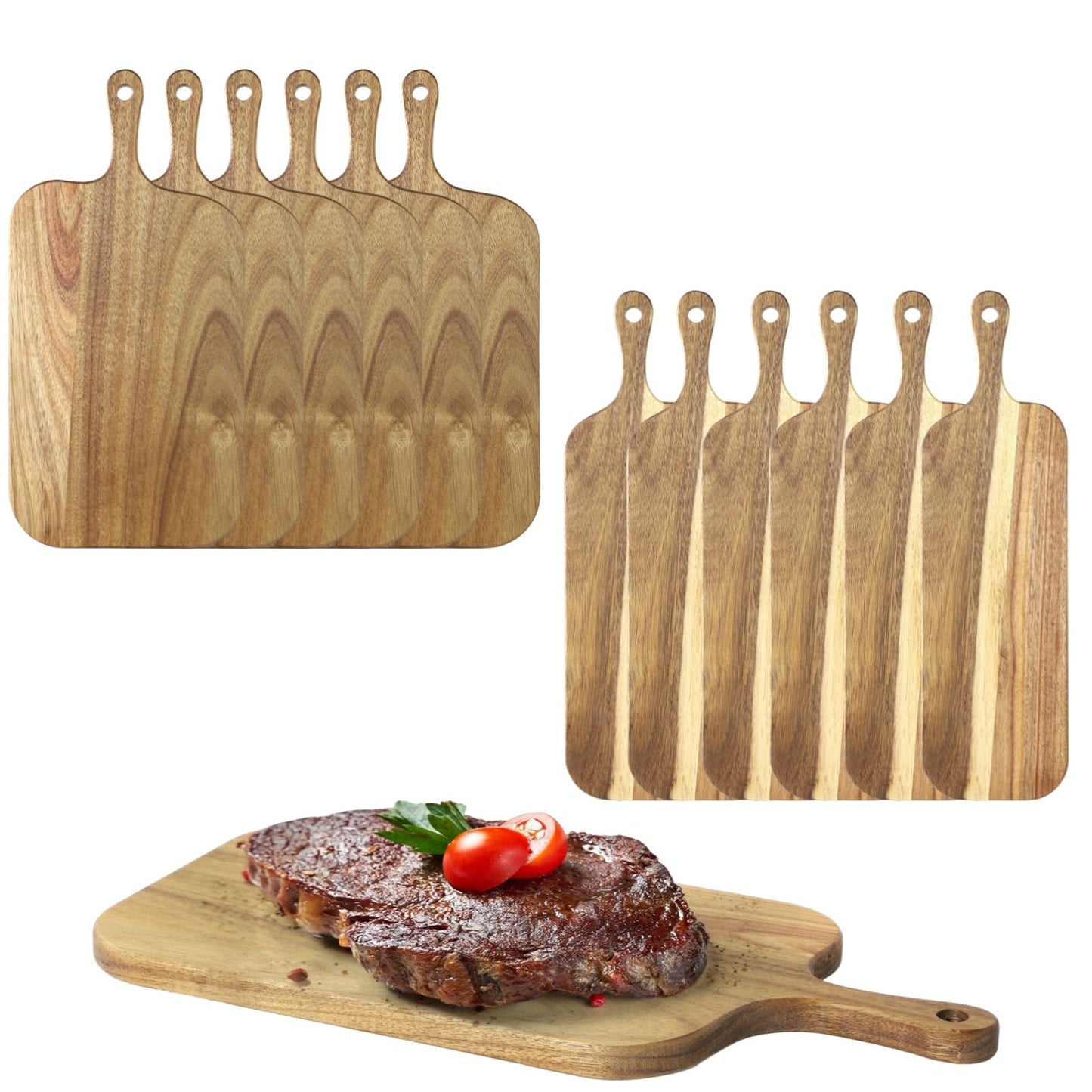 12 Pcs Wood Cutting Board Set with Handle, Acacia Wood Charcuterie Board, Small Size Long Wooden Charcuterie Board Paddle Cheese Board Serving Boards for Kitchen Meat, Pizza,Chees, 16.1×4.7", 15×7.5"