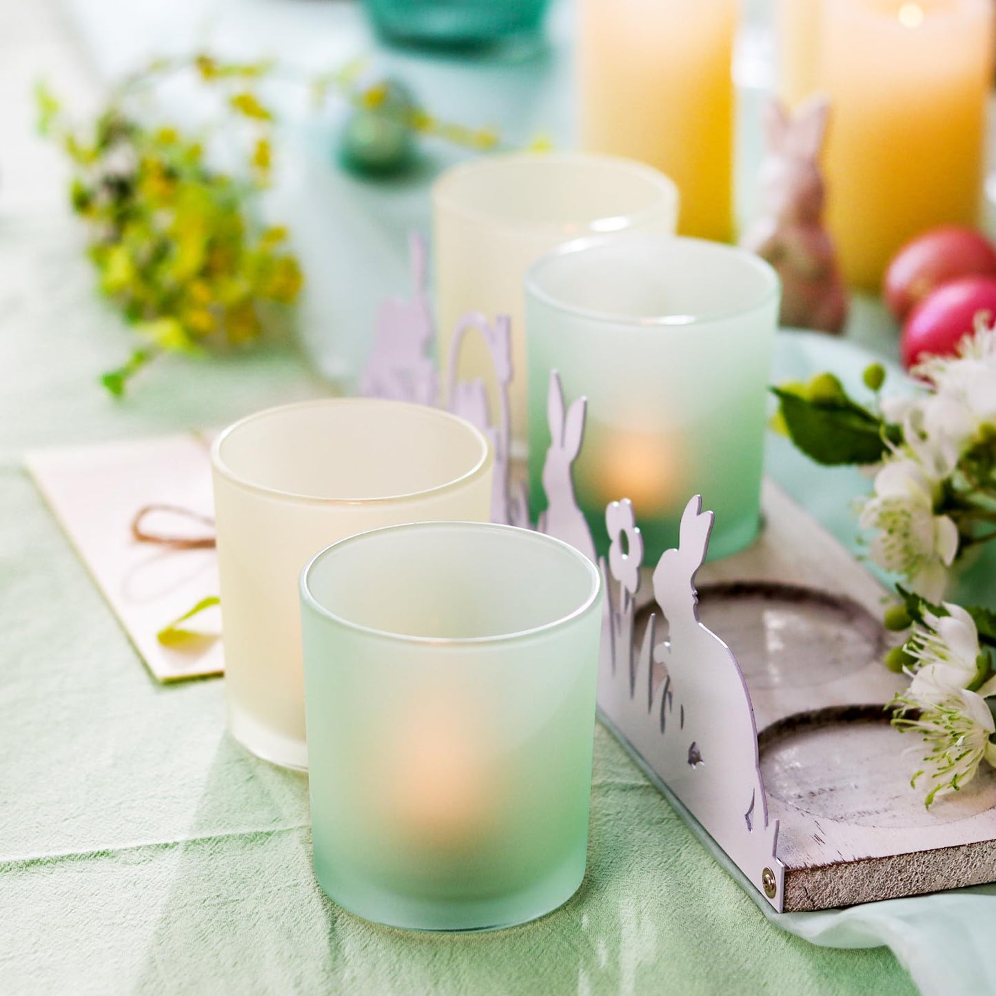 SYFURNIX Spring Votive Candle Holder Set, Includes 4 Glass Candle Holders & 1 Wooden Tray with Metal Bunny Decor for Table Centerpiece Decorations and Indoor Outdoor Home Decor