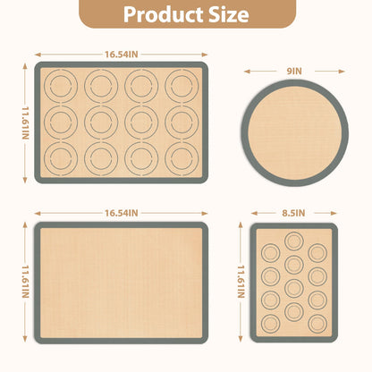 Silicone Baking Mat Set of 6, Nonstick Pastry Mat, Reusable Macaron Silicone Baking Mats & Round Pizza Mat, Cookie Baking Supplies for Macaroons, Pizza