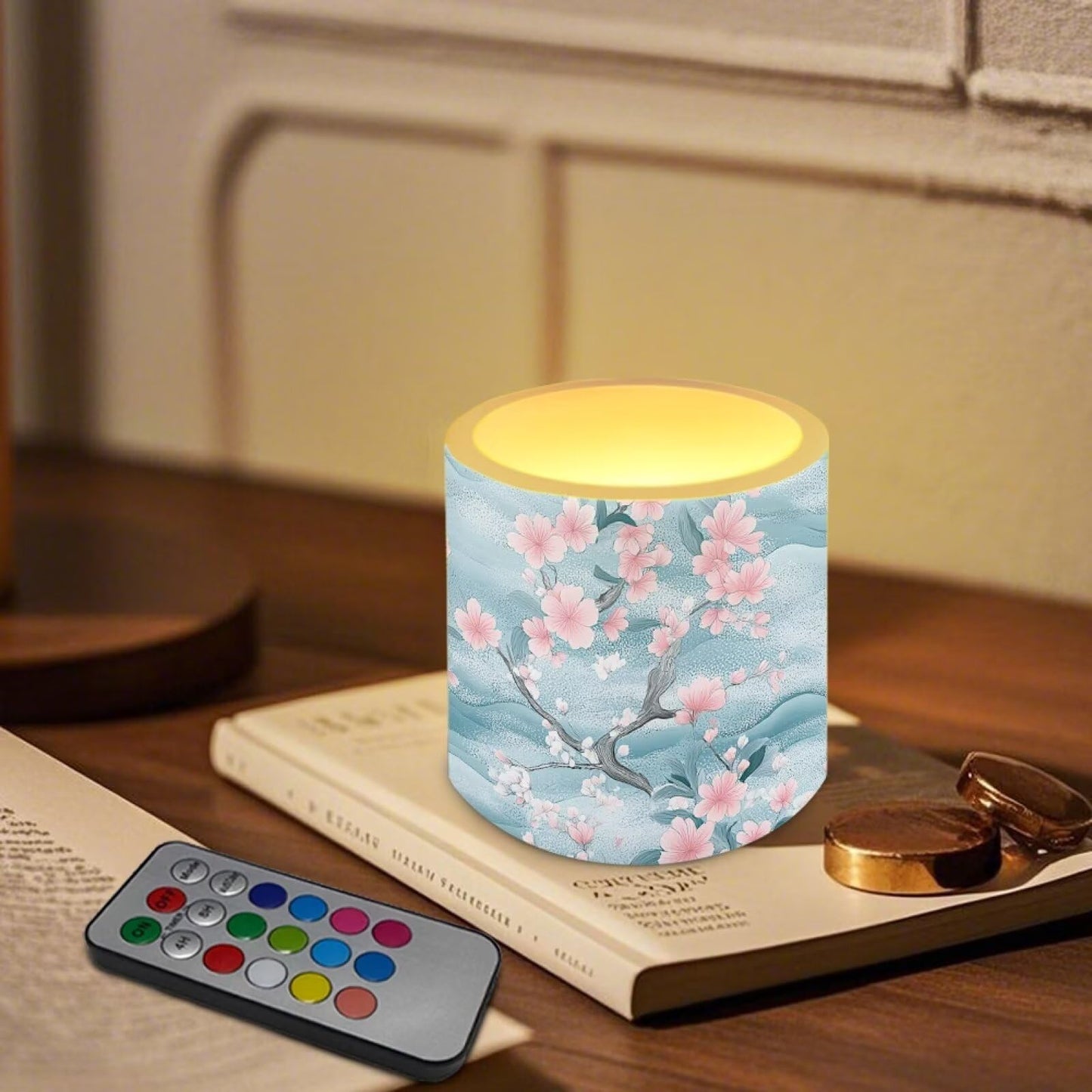 Cozeyat Marbel Cherry Blossoms Convenient Flameless Candles 4 Pack Battery Operated LED Pillar Candles with Remote Control Timer Waterproof for Indoor Outdoor All Uses