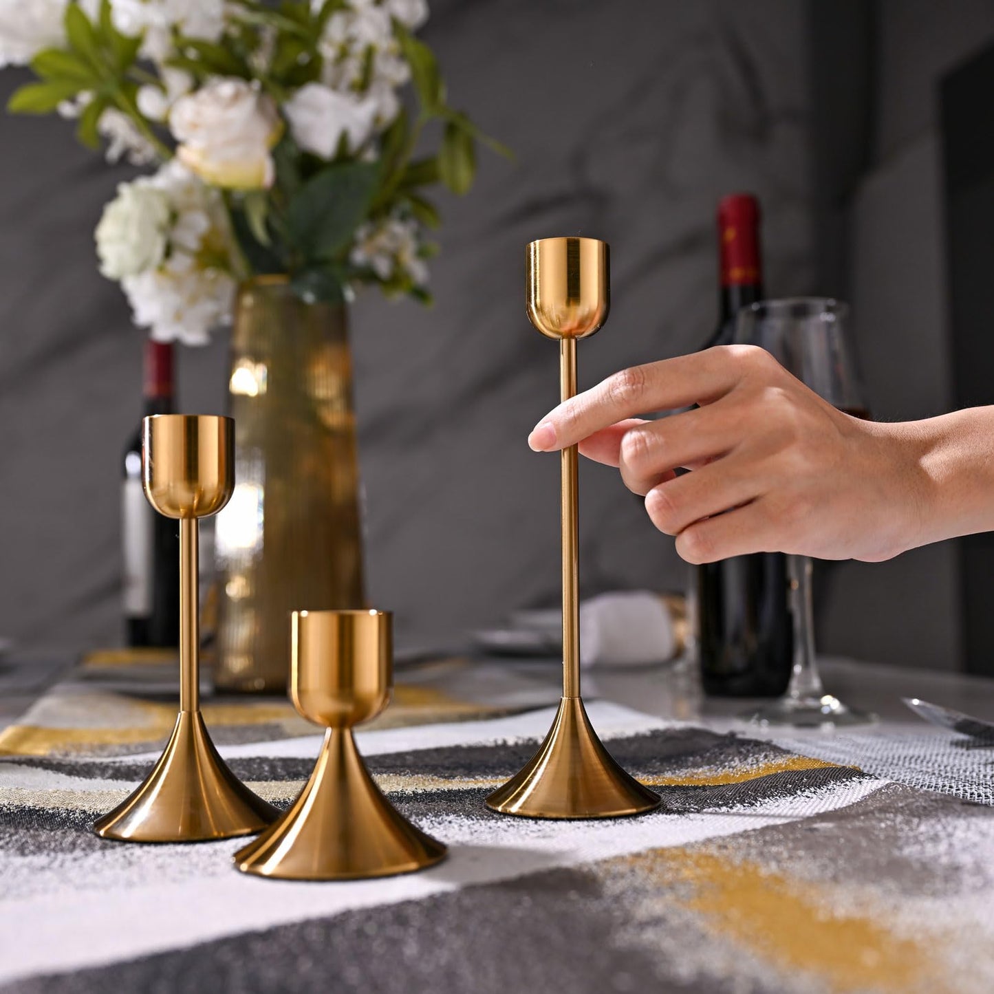 idyllictime Candle Holder Metal Heavy Base for Room Décor Christmas Decorations Party Wedding Halloween Shiny Copper, 1 Set (3 Pcs)