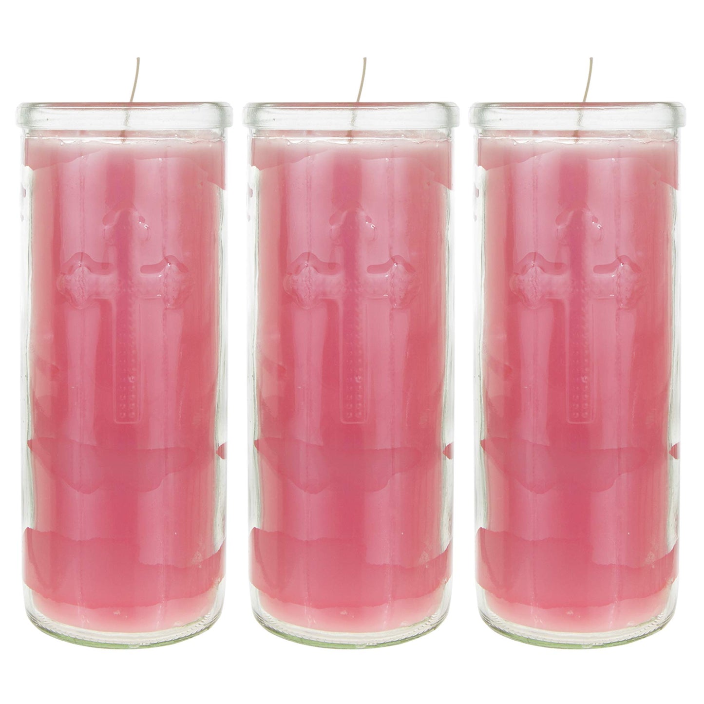 Mega Candles 3 pcs Unscented Pink Dual Cross Glass Container Altagraciano Devotional Prayer Candles, Premium Wax Candle 3 Inch x 7.25 Inch, Sanctuary, Vigils, Prayers, Blessings, Religious, Memorials