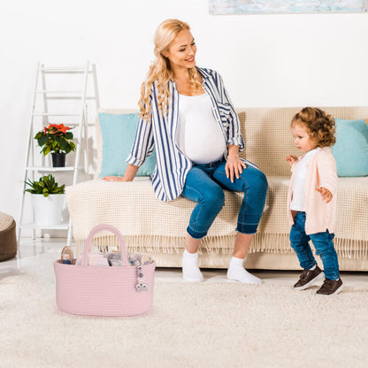 Baby Diaper Caddy Organizer for Girl Boy Rope Nursery Storage Bin Basket Portable Holder Tote Bag for Changing Table Car Travel Baby Shower Gifts Newborn Essentials Registry Must Have Items Pink