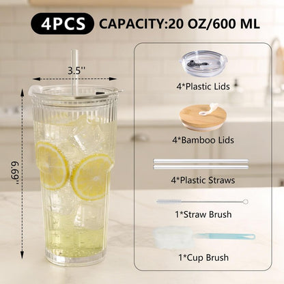 Ruckae 20oz Reusable Ribbed Glass Tumbler Set – 2 Pack Leakproof Glass Cups with Bamboo Lids,Thickened Glass– Aesthetic Iced Coffee Glasses for Home, Office, Travel, and Gifts (4, Transparent)