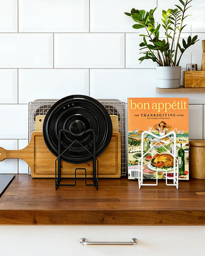 SUNFICON Cutting Board Rack Chopping Board Organizer Pot Pan Lids Holder Thin Bakeware Baking Tray Drying Display Stand Kitchen Countertop Cupboards Cabinet Office Sturdy Metal 4.92x5.7x8.47 in.White