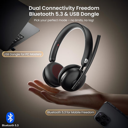 Dytole Wireless Headset with Mic for Work, Bluetooth 5.3 Headset with Noise Cancelling, Wireless Headphones with Mic & USB Dongle, 65H & Mute, Ideal for PC/Call Center/Computer/Laptop/Study