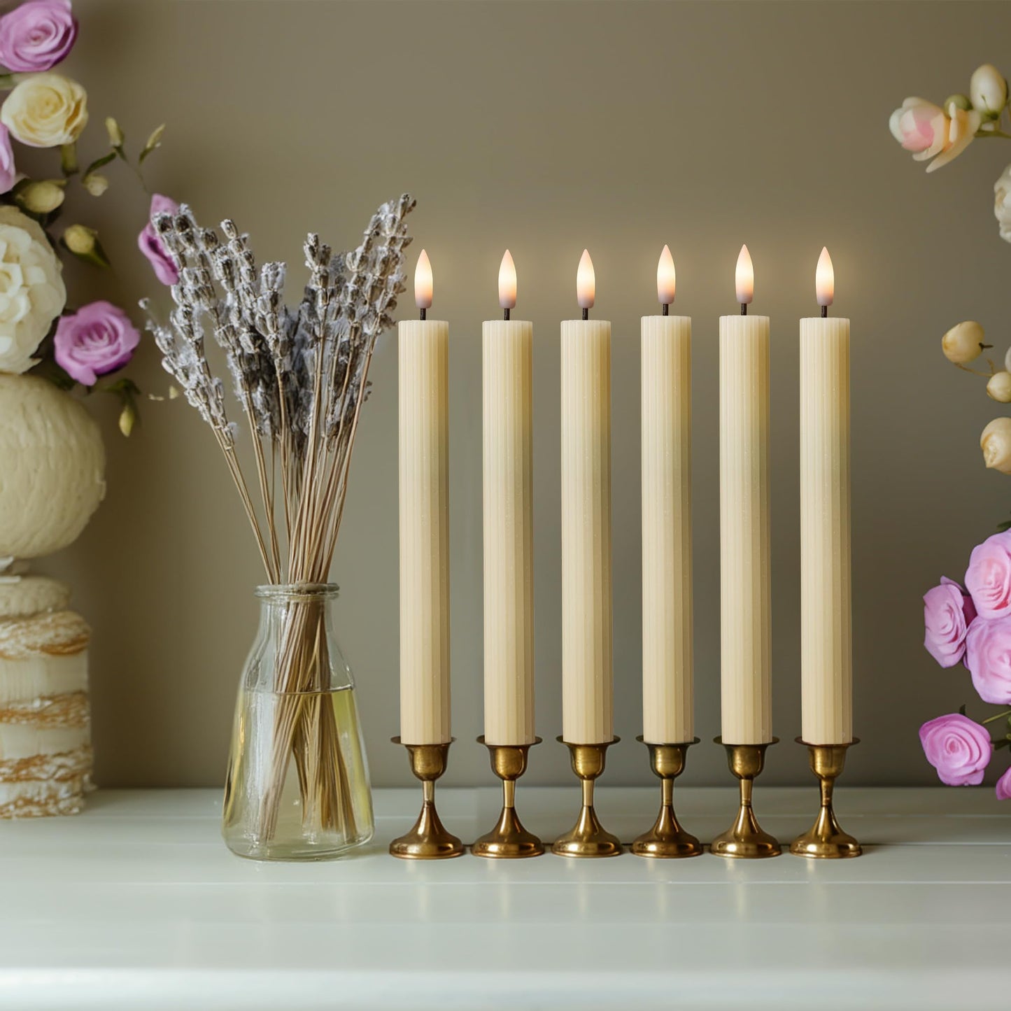 West Ivory 12 Pack, 10" LED Flameless Ivory Fluted Ribbed Grooved Taper Candles with 2 Remotes & 24h Timer Memory, On/Off Button, Dimmable, Flicker Mode, Battery Operated, Christmas Menorah Wedding