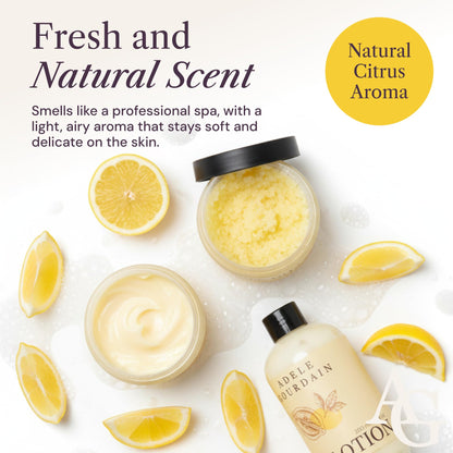 Adelegourdain Self Care Kit Woman - 4pcs Citrus Scent - Bath and Body Care Gift Basket for Women - Personal Care Spa Care Package with Body Wash, Lotion, Scrub & Butter, Birthday Gifts for Her