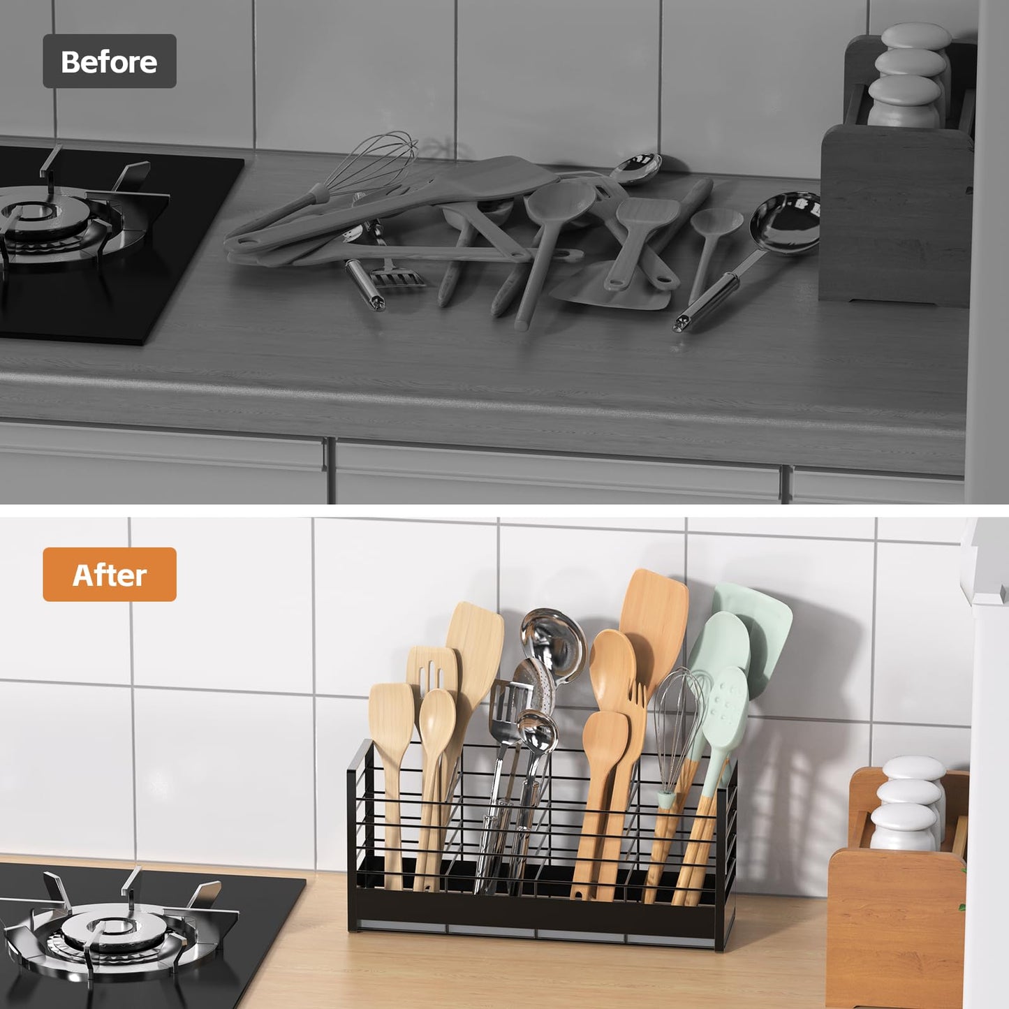 VEESUN Large Utensil Holder with Diatomaceous Earth Base, for Kitchen Counter, Cooking Utensil Organizer, 4 Compartments