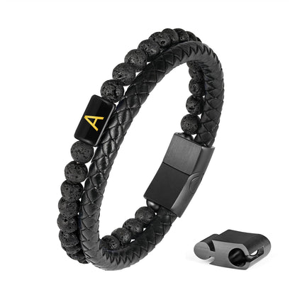 FOCOOG Gifts for Men Bracelet - Mens Gift Black Leather Bracelets for Men with Initial Lava Rock Bead Magnetic Clasp Leather Men's Initial A Bracelet for Men's Jewelry Mens Gifts for Dad Husband