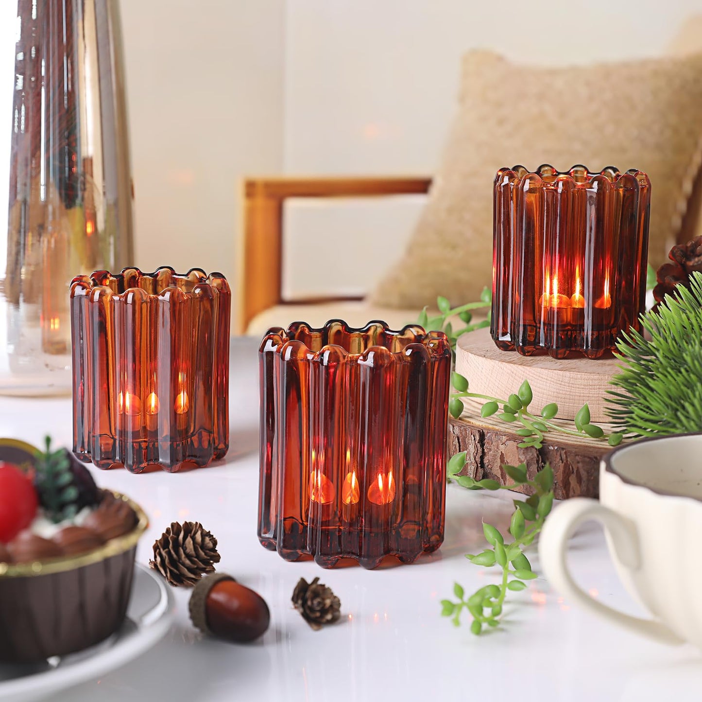 HAVITI Glass Amber Votive Candle Holder, Ribbed Votive Candle Holders Set of 12, Tealight Candle Holder for Wedding Centerpieces Dinner Party Table Decor