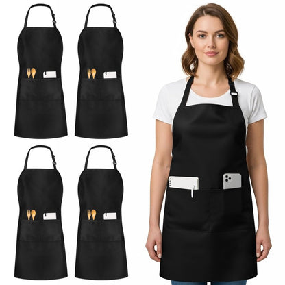 Utopia Kitchen 4 Pack Bib Apron, Adjustable with 2 Pockets, Water and Oil Resistant, Kitchen Cooking Unisex Chef Apron for Women Men, Black