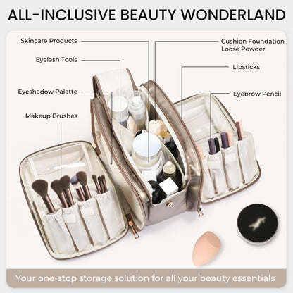 Travel Makeup Bag Women's Large Capacity Cosmetic Portable Organizer Large Opening Waterproof Storage Toiletry Bags Vertical Free-Standing Brush Holder for Easy Access Copper