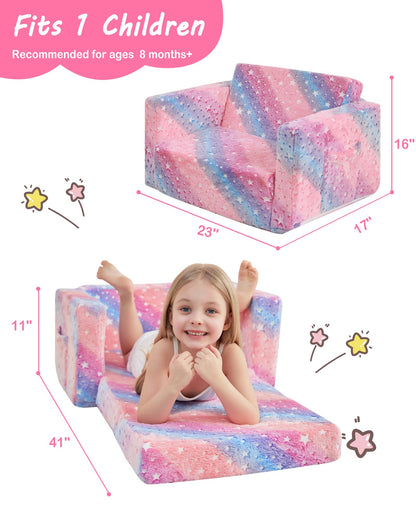 lasoftan Toddler Couch, 2-in-1 Soft Kids Couch Bed Fold Out, Toddler Chairs Comfy for Boys & Girls, Convertible Kids Sofa to Lounge for Playroom, Gift for Birthday, Children's Day- Glow Star