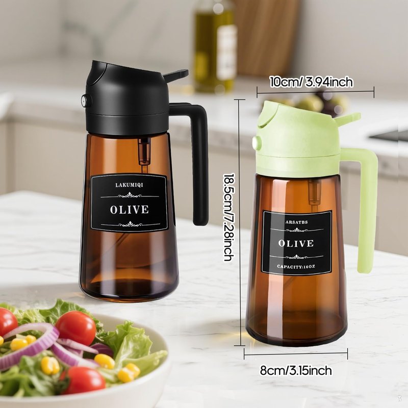 Arsatbs 16oz/470ml Olive Oil Sprayer for Cooking, 2 in 1 Oil Dispenser Bottle Spray and Pour with Stickers, Premium Dark Brown Glass Oil Bottle for Air Fryer and Salad