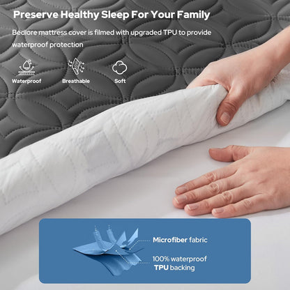 BEDLORE Waterproof Mattress Protector - Noiseless Queen Size Pad with Deep Pocket (6"-18") - Soft & Breathable Gray Cover