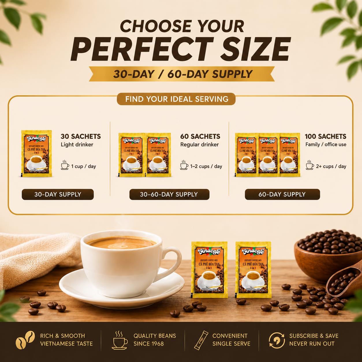 Vinacafe Instant Coffee Packets 3 in 1 Authentic Vietnamese Taste, Balanced Medium Roast Coffee Mix for Quick Preparation at Home, Office or Travel, Single Serve Sachets (Pack of 4 | 20 Sachets Per Bag)