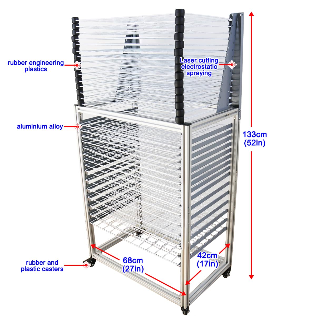 INTBUYING Art Drying Rack Ground-placed Movable Push and Flip-open Removable Paint Art Storage Drying Rack with Wheels for Classroom (30 Shelves) 27 * 17 * 52"