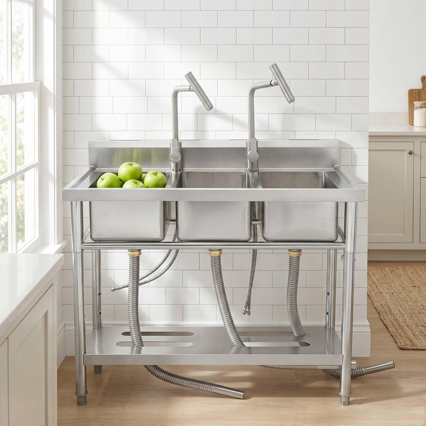 Utility Sink Freestanding Three Bowl Stainless Steel Sink, 39 x 18 x 36 Inch, No Drawer Stand and Two T-Shaped Faucets, Laundry Sink for Kitchen, Bathroom, Garage and Patio
