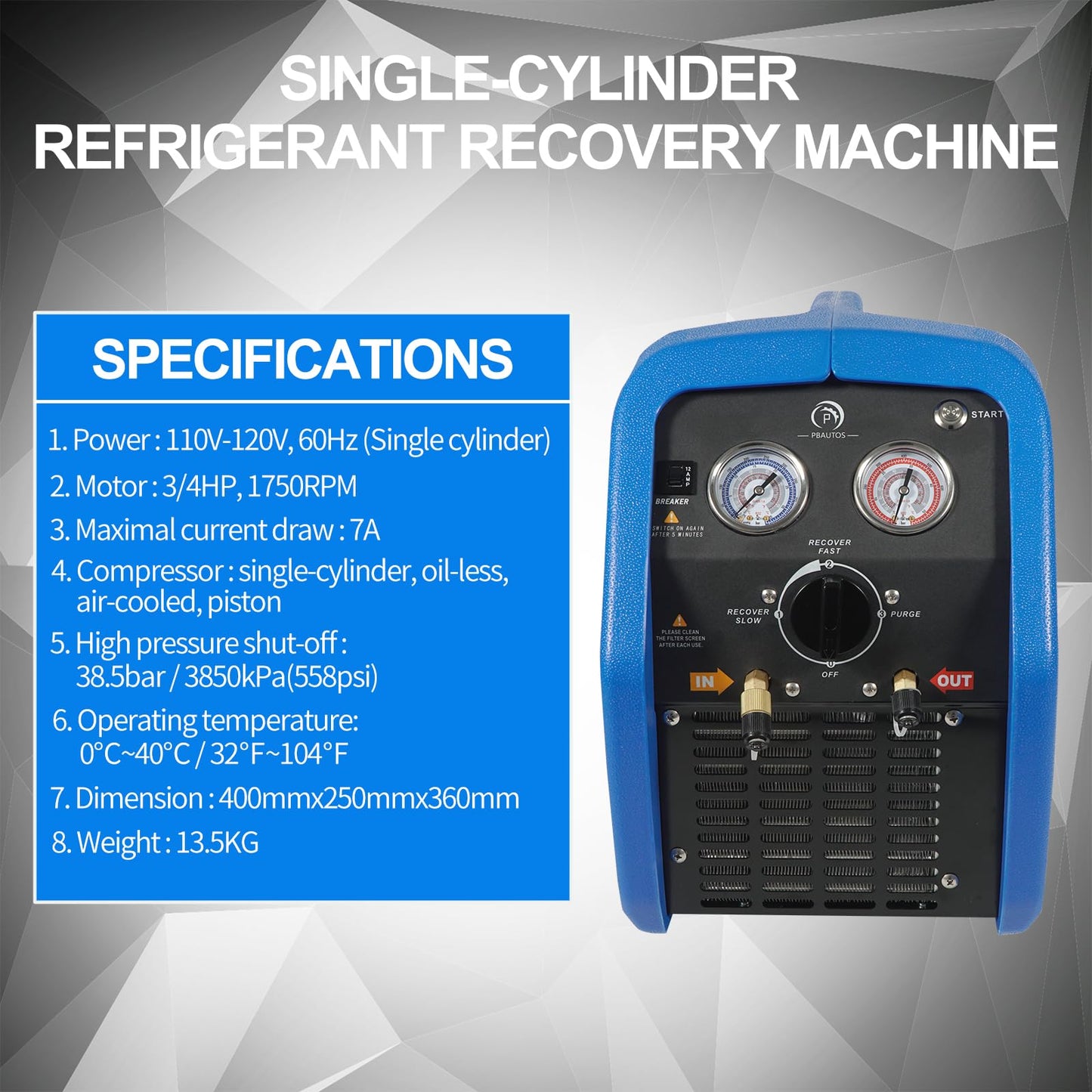 P PBAUTOS 3/4HP R1234YF R32 Refrigerant Recovery Machine, Oil-Less Single Cylinder Portable Freon Recycling Unit 110V for Automotive AC & Household HVAC Systems