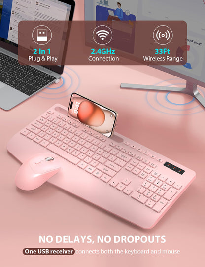 Wireless Keyboard and Mouse Combo - Full-Sized Ergonomic Keyboard with Wrist Rest, Phone Holder, Sleep Mode, Silent 2.4GHz Cordless Keyboard Mouse Combo for Computer, PC, Laptop, Mac, Windows -Trueque