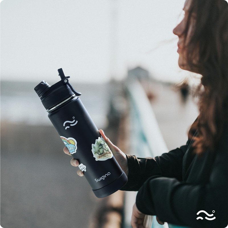 Swigina [2-IN-1 LID] Insulated Water Bottle with Silicone Boot (36hrs Cold/18hrs Hot) - DIY Stickers, Leakproof, BPA Free, Black, 24 oz