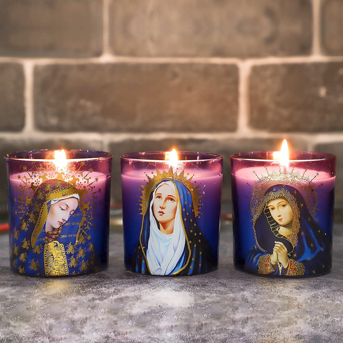 FLAVCHARM Blessed Virgin Mary Scented Candles - Set of 3 Purple Glass Votive Candles for Church Vigil Devotional and Catholic Home Altar - Long-Lasting Burning, Rosemary Scented Soy Wax Jar Candles