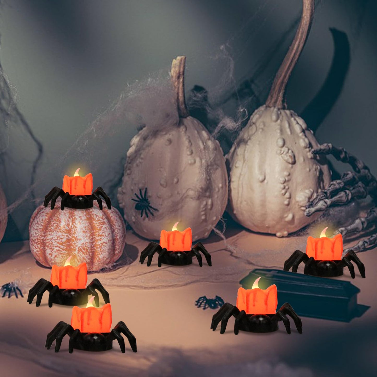 Lasumora Halloween Decorations Tea Lights Candles with 6H Timer, 6 PCS Φ 1.6" H 1.6" Battery Operated Halloween Candles Flameless LED Candle Holders Flickering Table Party Halloween Decor Indoor