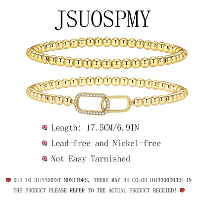 Gold Beaded Bracelets for Women 14K Gold Zirconia-square Bracelet Handmade Stackable Bracelets for Women Trendy Non Tarnish Bracelet Jewelry Gift for Womens 2Pcs (04.Zirconia-square+Beaded (Gold))