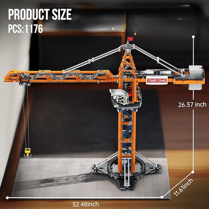 Reobrix Crane Building Blocks Set RC Tower Crane Construction Vehicle Model Kits with Dual Motors 1176 PCS City Crane Toy for Adults Gift for Men and Construction Machinery Lovers 22013