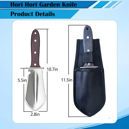 Hori Hori Garden Knife, Garden Tools with Sheath for Weeding,Planting,Digging, Stainless Steel Blade with Cutting Edge, Full-Tang Wood Handle with Hanging Hole