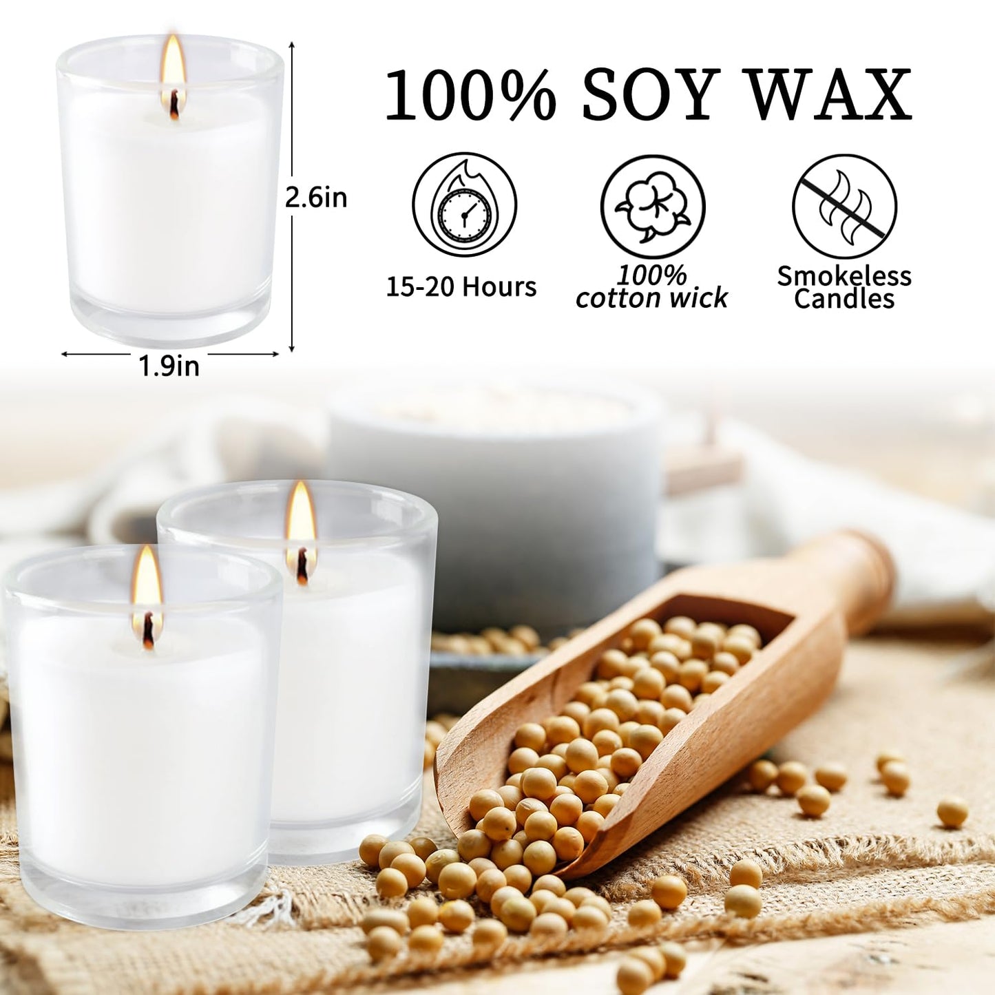 YOROXRG 48 Pack White Unscented Clear Glass Filled Votive Candles. Hand Poured Wax Candle Ideal Gifts for Home Décor Parties Weddings Holidays and Meditation (White)