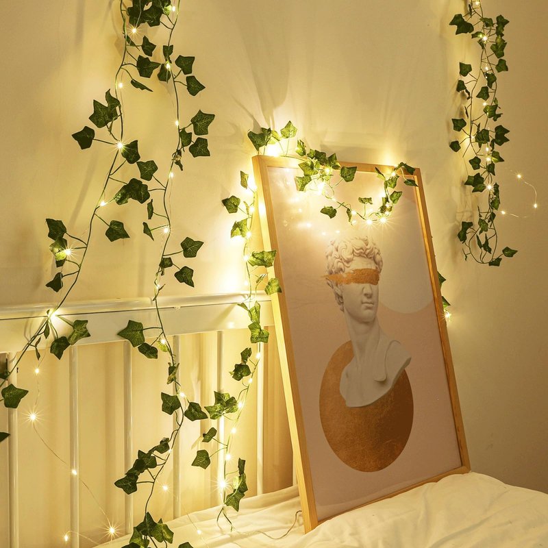 NWLIGHT Vine with Fairy Lights, 2 Pack 40LEDs Vine Lights Green Ivy Vines String Lights Battery Operated, Artifical Garland Leaf with Fairy Light for Bedroom Dorm Wall Decor