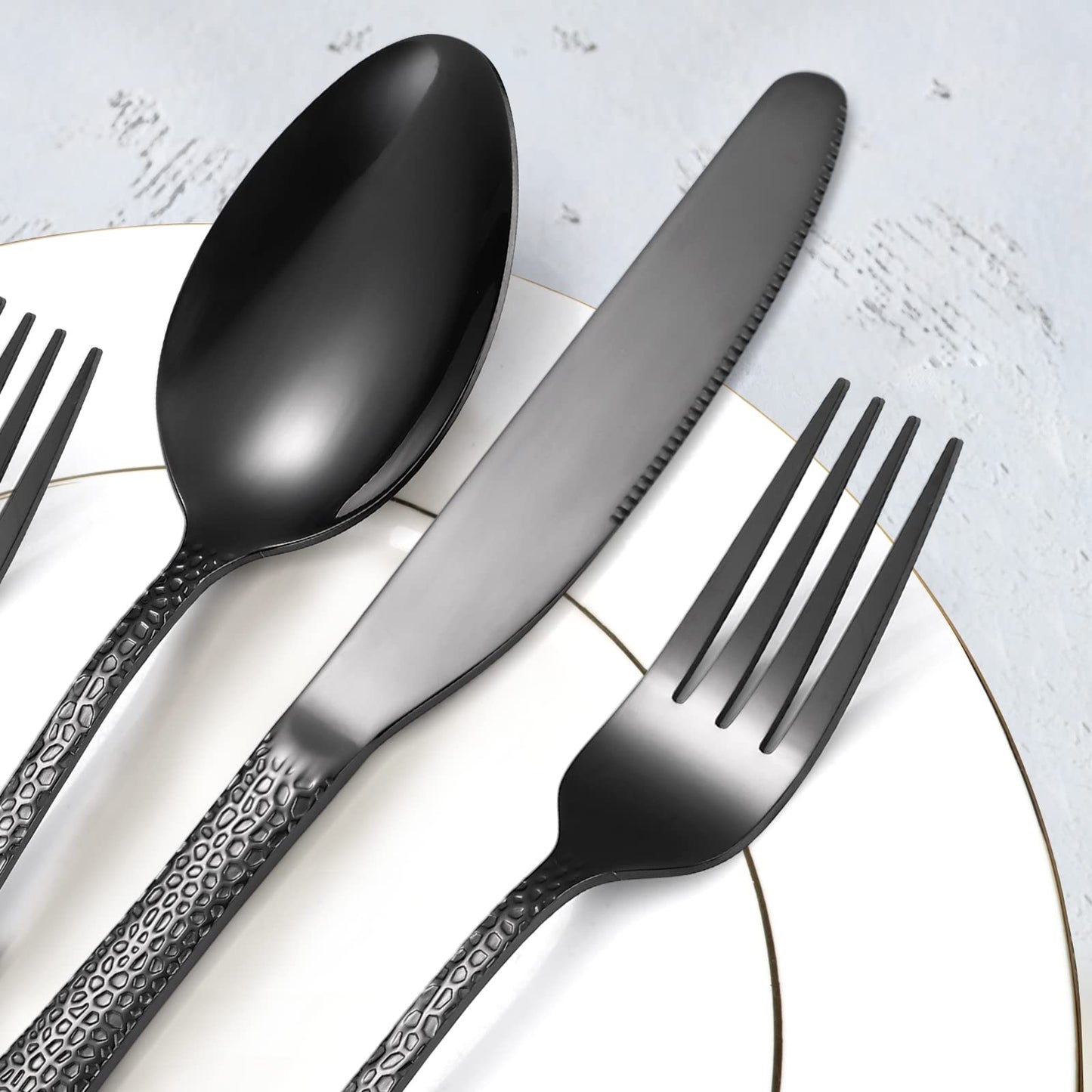 A · HOUSEWARE Black Hammered Silverware Set 8 Stainless Steel Flatware Vintage 40 piece include Knife Fork Spoon Proper Weight for Parties Restaurant Utensils and Kitchen Daily Use