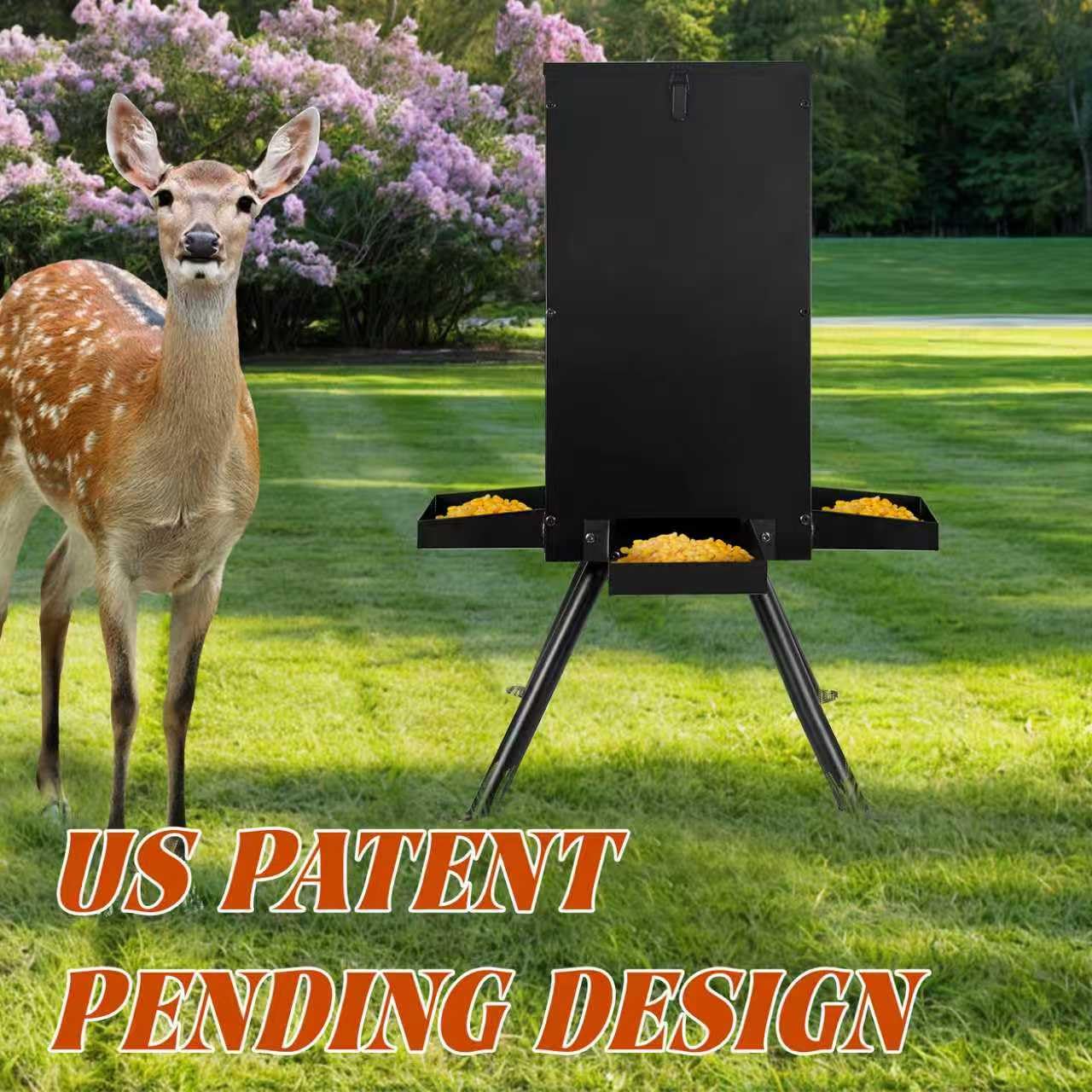 PROLEE 85lbs Deer Feeder, Weatherproof Deer Feeders with 4 Feeding Tray and 4-Leg Stand, Heavy Duty Metal Gravity Feeder for Deers and Wildlife (Black)