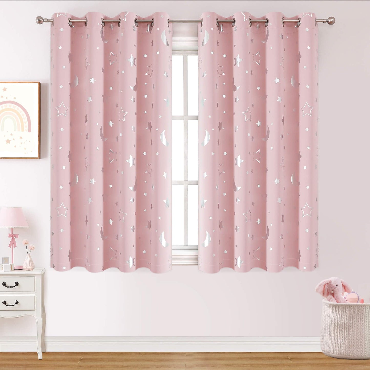 WUBODTI Pink Curtains for Girls Room Star Blackout Kids Bedroom Curtains 84 Inches Long, Cute Silver Star and Moon Patterned Space Theme Thermal Insulated Nursery Drapes, 2 Panel Sets