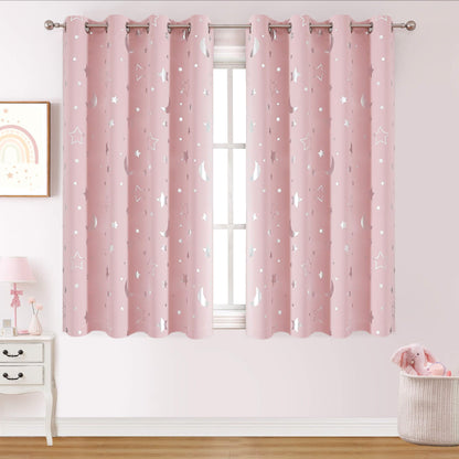 WUBODTI Pink Curtains for Girls Room Star Blackout Kids Bedroom Curtains 84 Inches Long, Cute Silver Star and Moon Patterned Space Theme Thermal Insulated Nursery Drapes, 2 Panel Sets